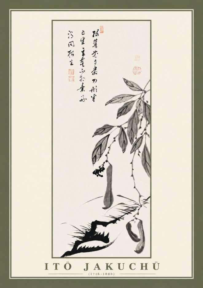 Itō Jakuchū Branch with Pods and Calligraphy No2 - Plakát