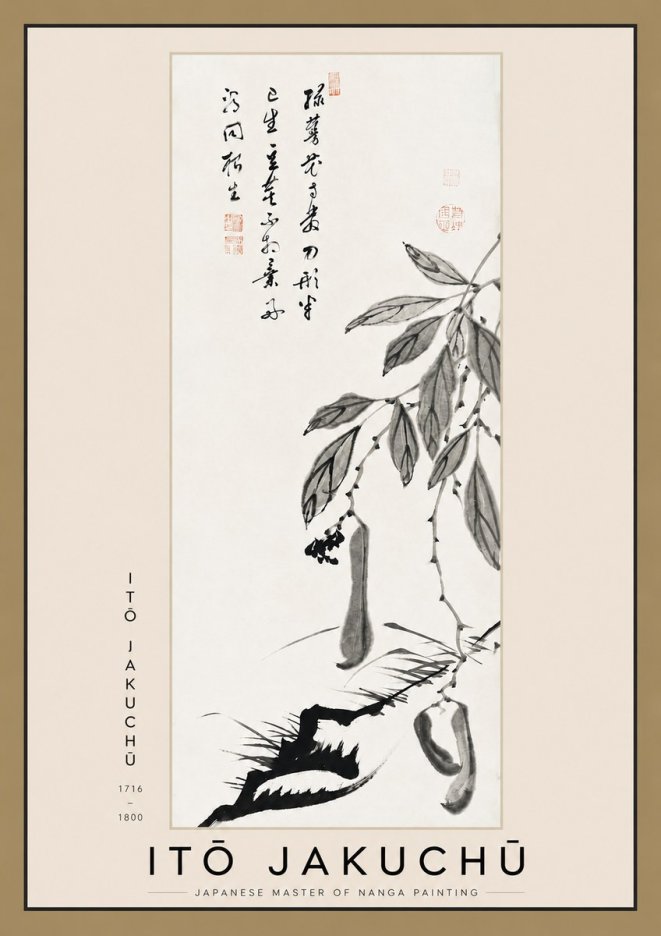 Itō Jakuchū Branch with Pods and Calligraphy No3 - Plakát