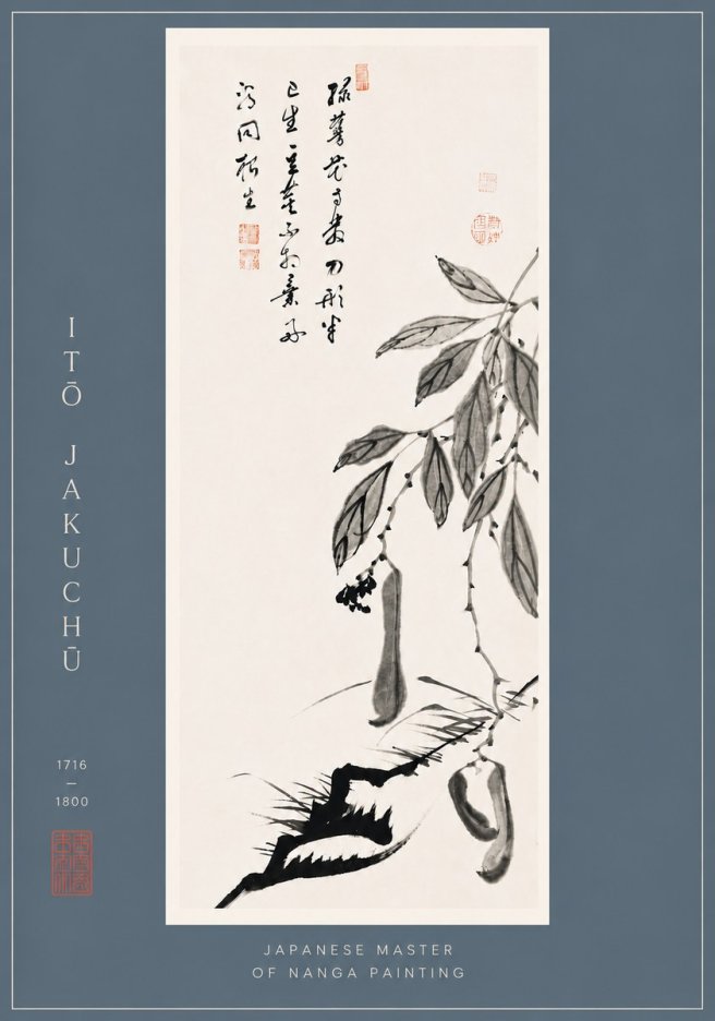 Itō Jakuchū Branch with Pods and Calligraphy No6 - Plakát