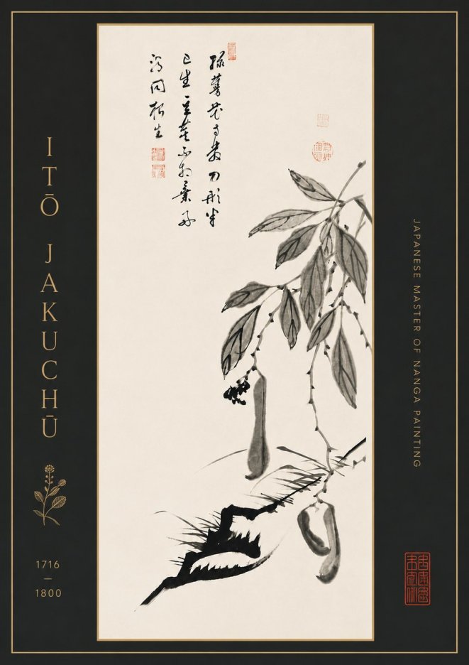 Itō Jakuchū Branch with Pods and Calligraphy No7 - Plakát