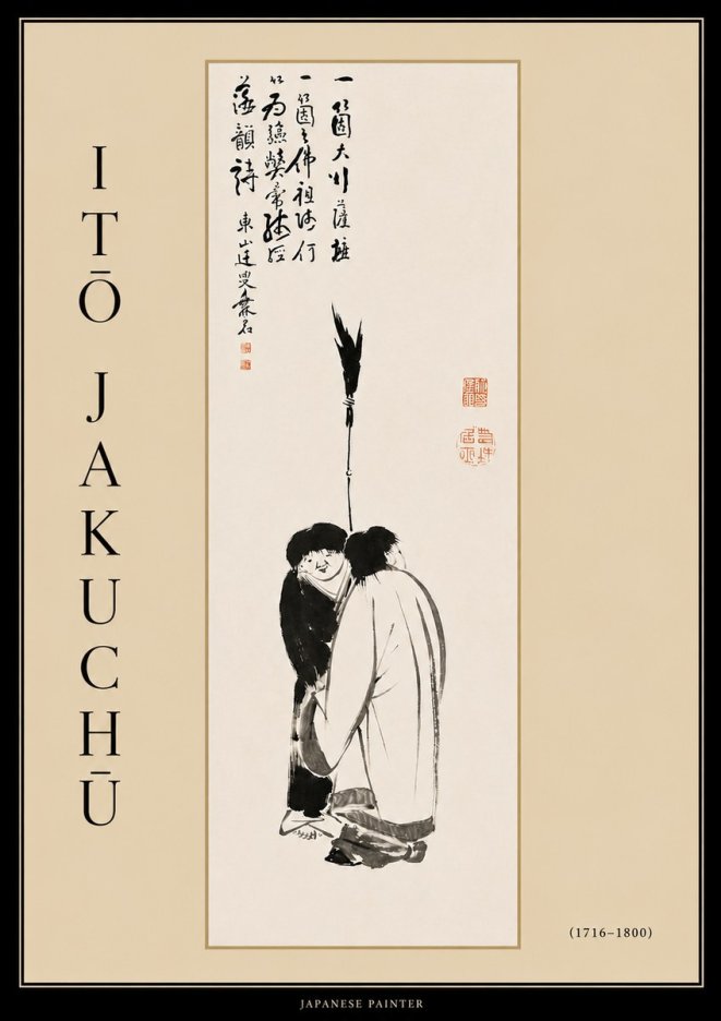 Itō Jakuchū Two Figures Holding a Staff No4 - Plakát