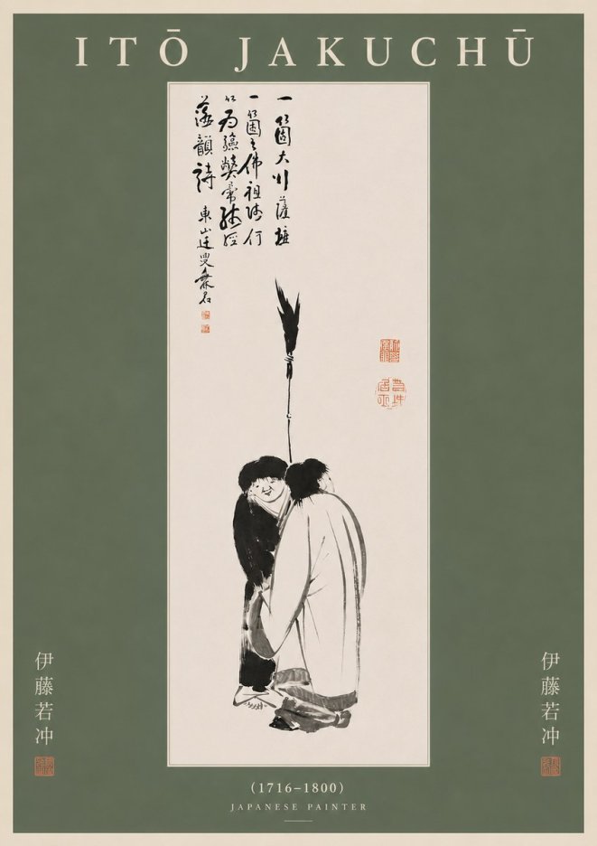 Itō Jakuchū Two Figures Holding a Staff No5 - Plakát