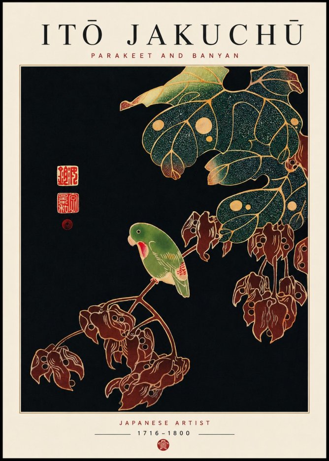 Itō Jakuchū Parakeet and Banyan No3 - Plakát