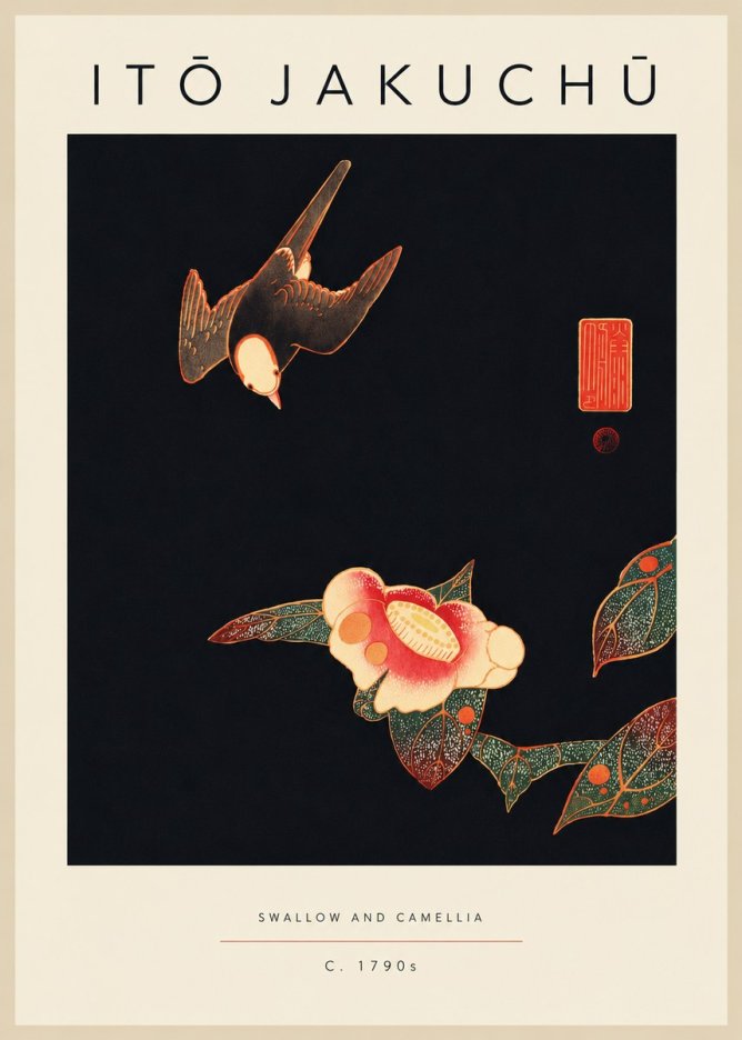 Itō Jakuchū Swallow and Camellia No5 - Plakát