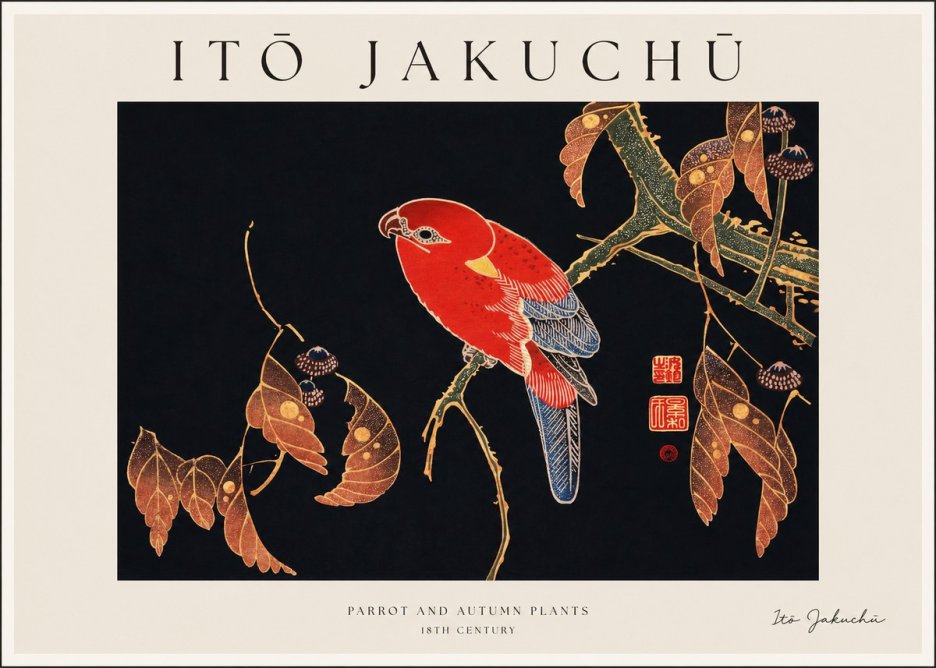 Itō Jakuchū Parrot and Autumn Plants No1 - Plakát