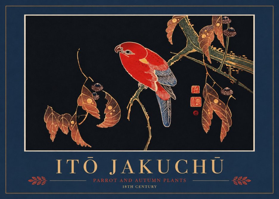 Itō Jakuchū Parrot and Autumn Plants No2 - Plakát