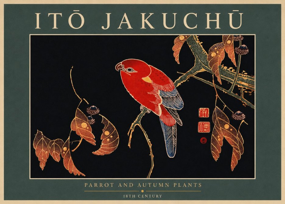 Itō Jakuchū Parrot and Autumn Plants No5 - Plakát