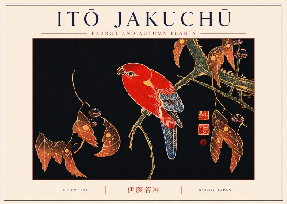 Itō Jakuchū Parrot and Autumn Plants No6 - Plakát
