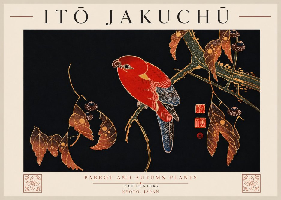 Itō Jakuchū Parrot and Autumn Plants No7 - Plakát