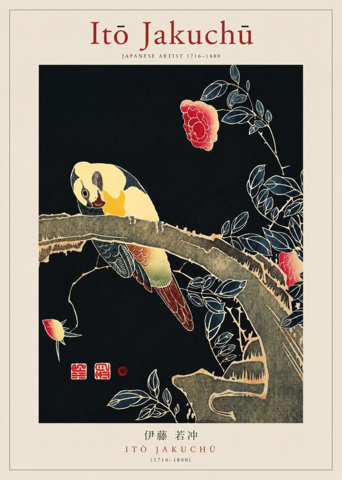 Itō Jakuchū Parrot and Rose No3 - Plakát