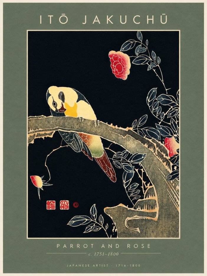 Itō Jakuchū Parrot and Rose No4 - Plakát