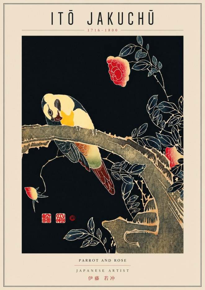 Itō Jakuchū Parrot and Rose No6 - Plakát
