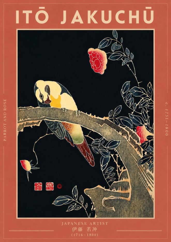 Itō Jakuchū Parrot and Rose No7 - Plakát