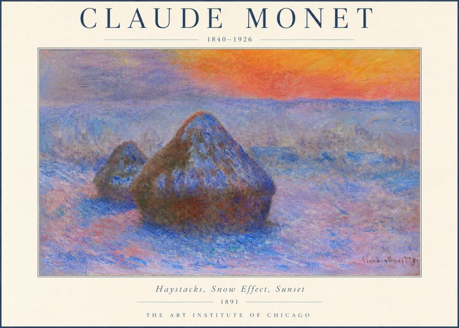 Monet Haystacks, Snow Effect, Sunset No3 - Plakát