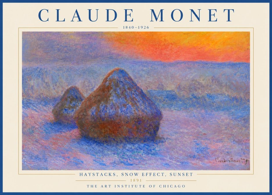 Monet Haystacks, Snow Effect, Sunset No5 - Plakát