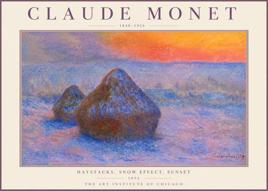 Monet Haystacks, Snow Effect, Sunset No6 - Plakát