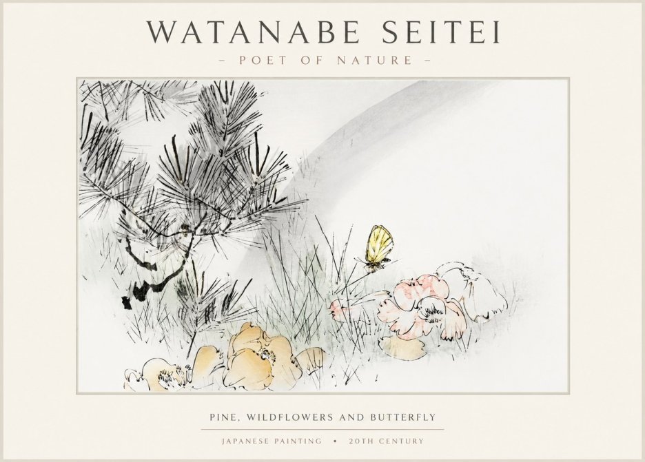 Watanabe Seitei Pine, Wildflowers and Butterfly No1 - Plakát