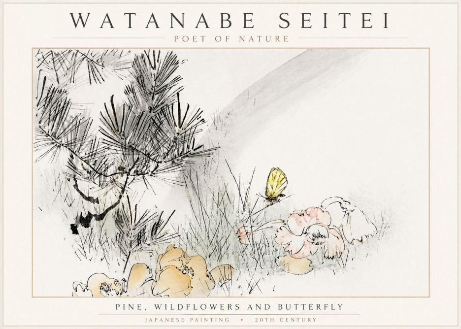 Watanabe Seitei Pine, Wildflowers and Butterfly No3 - Plakát