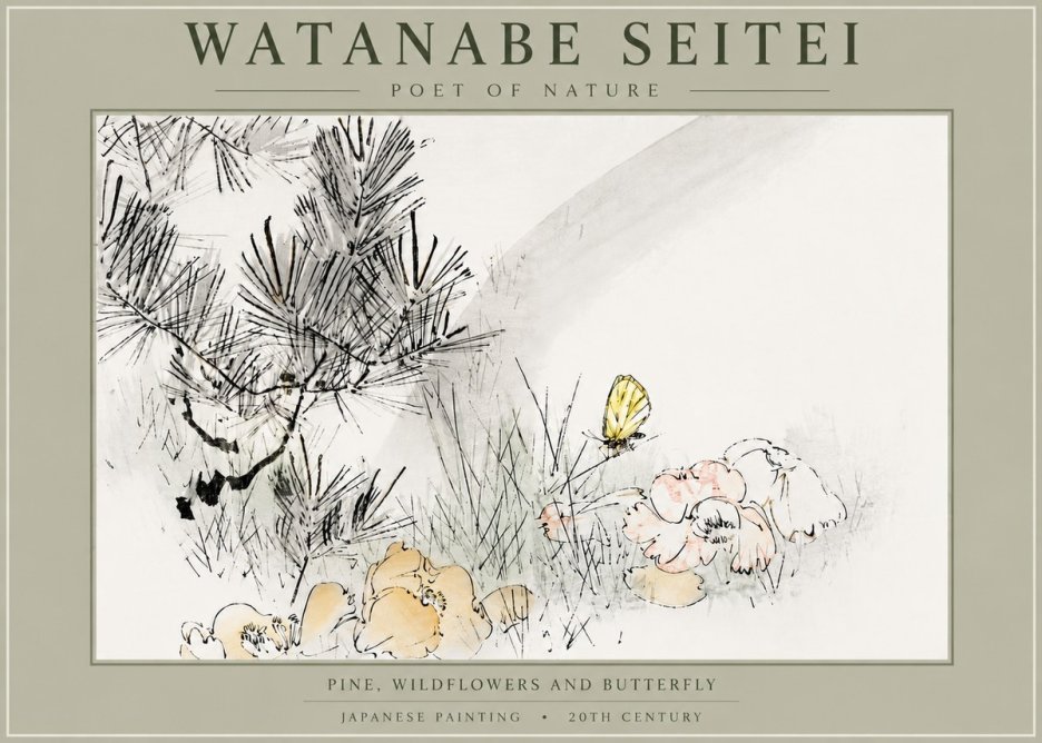 Watanabe Seitei Pine, Wildflowers and Butterfly No5 - Plakát