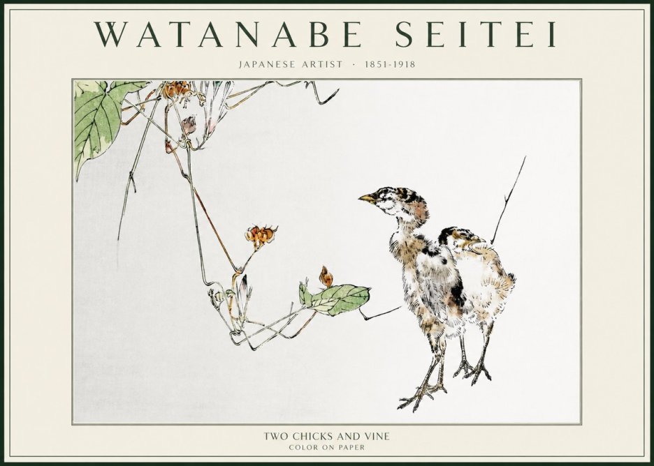 Watanabe Seitei Two Chicks and Vine No1 - Plakát