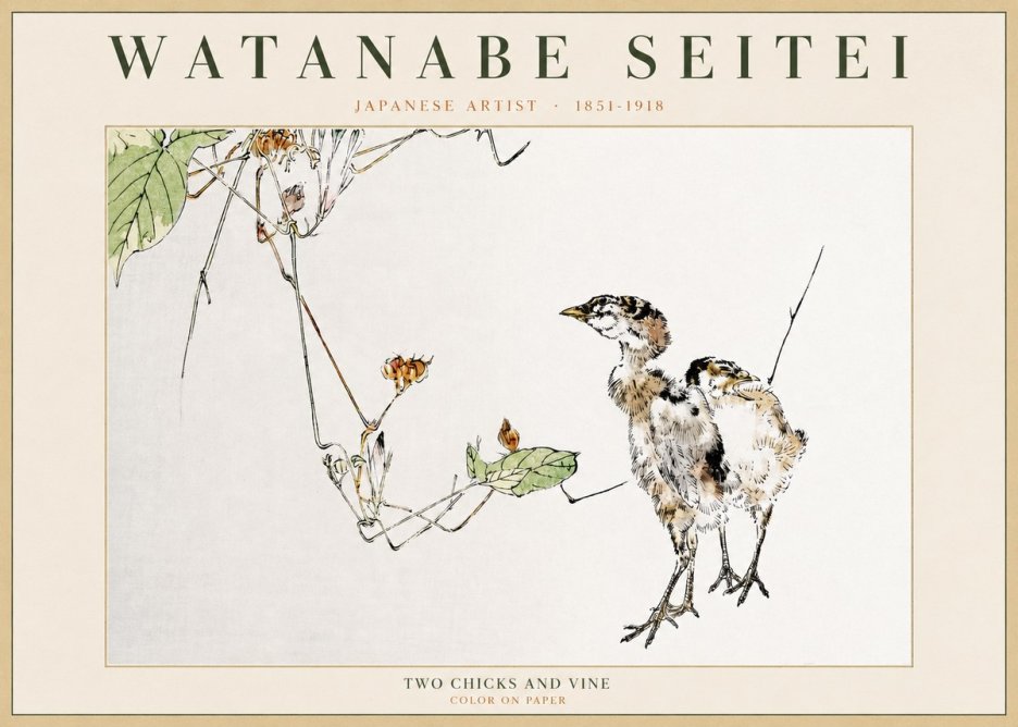 Watanabe Seitei Two Chicks and Vine No2 - Plakát