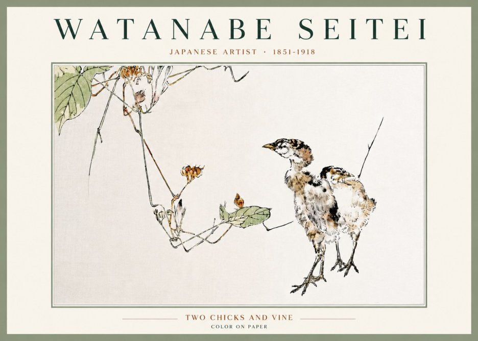 Watanabe Seitei Two Chicks and Vine No4 - Plakát