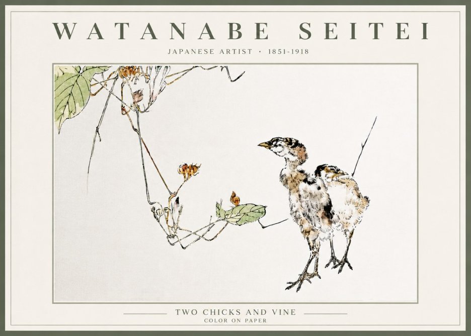 Watanabe Seitei Two Chicks and Vine No5 - Plakát