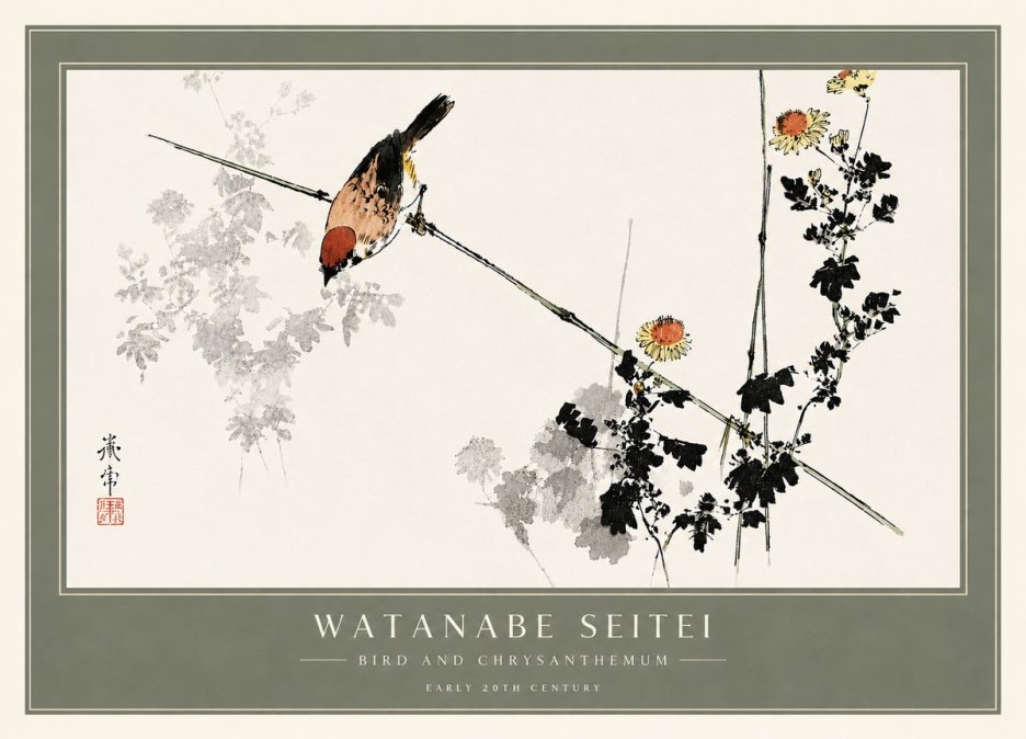 Watanabe Seitei Bird and Chrysanthemum No6 - Plakát