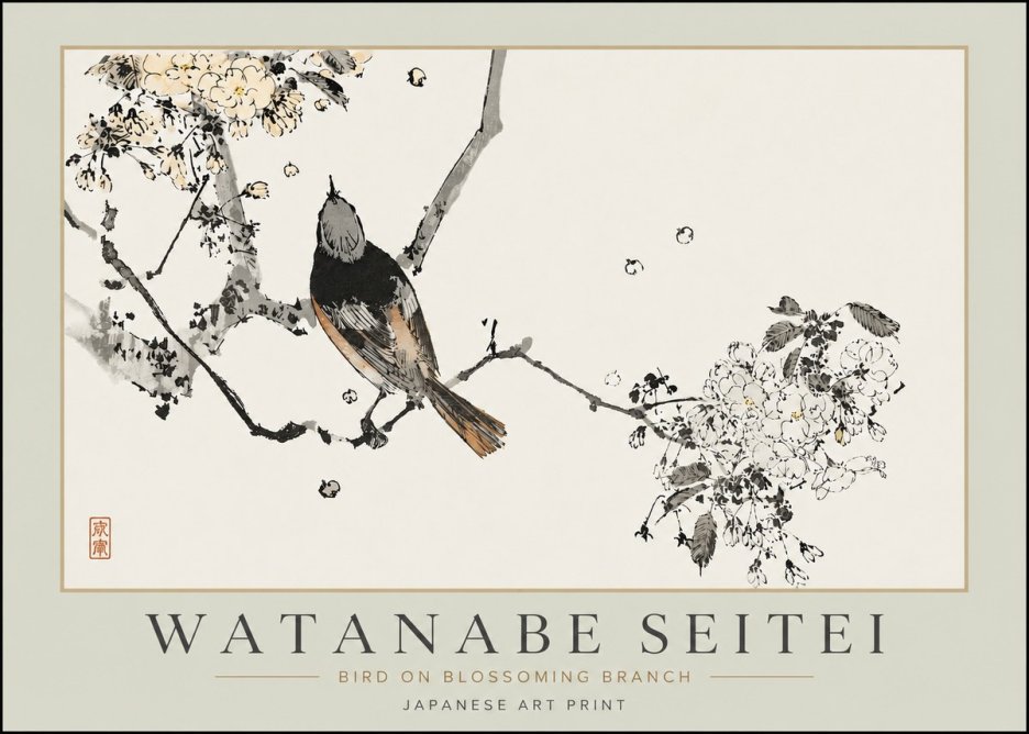 Watanabe Seitei Bird on Blossoming Branch No4 - Plakát