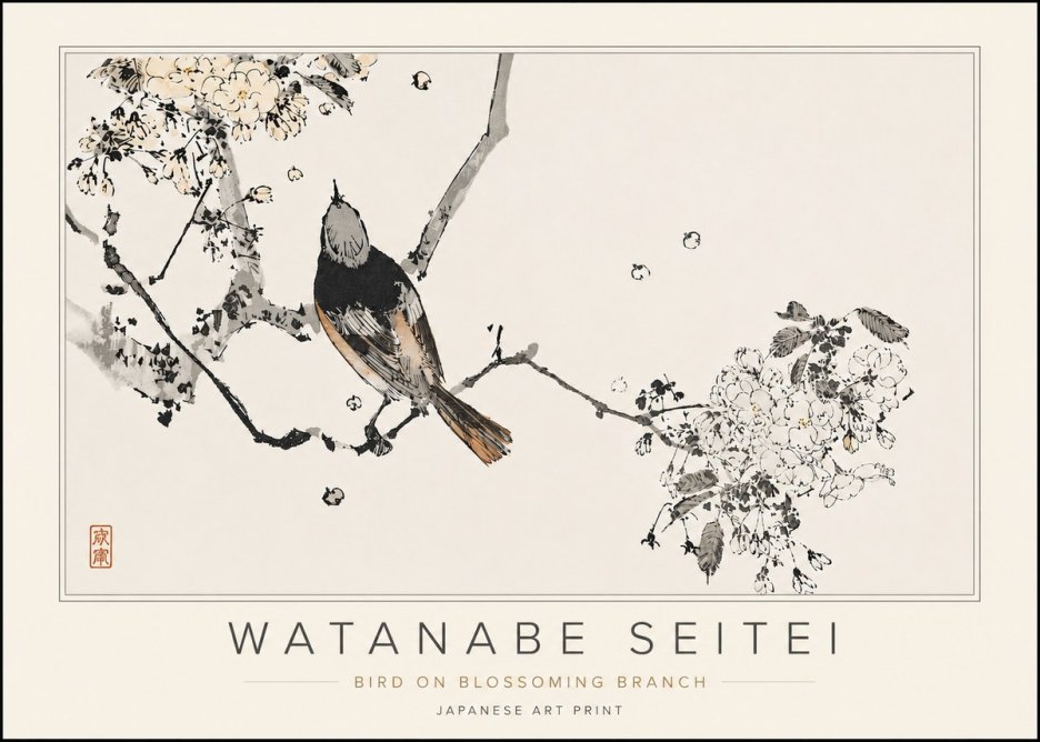 Watanabe Seitei Bird on Blossoming Branch No5 - Plakát