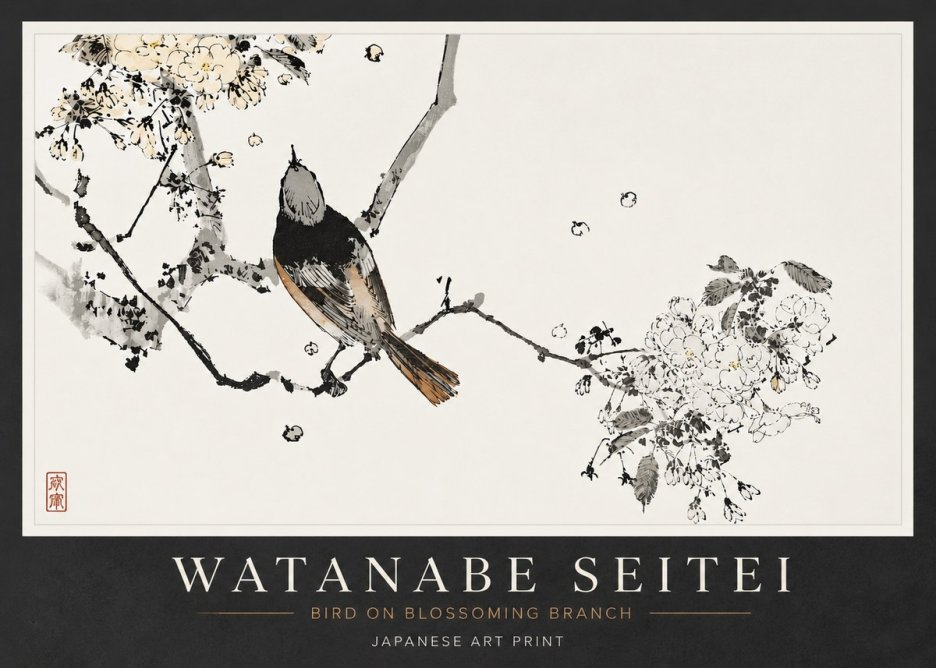 Watanabe Seitei Bird on Blossoming Branch No6 - Plakát