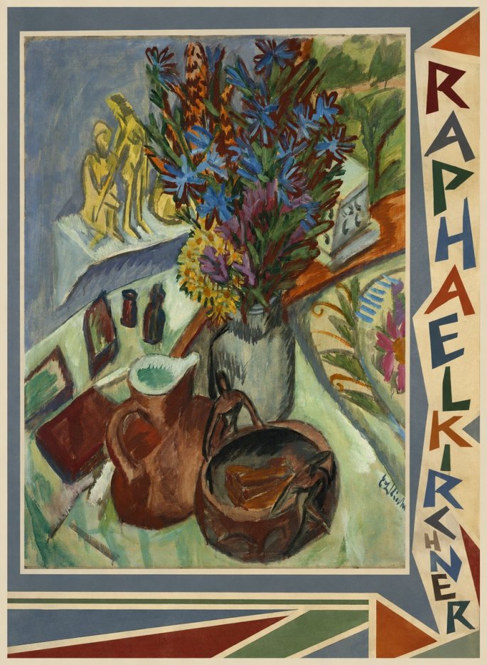 Raphael Kirchner Still Life with Blue Flowers and Figurines No2 - Plakát