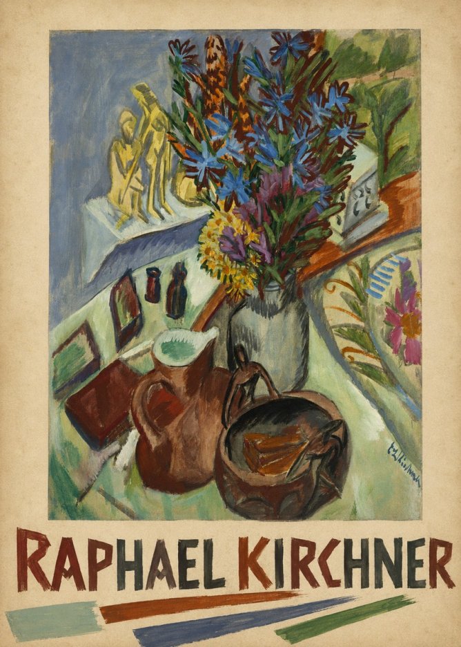 Raphael Kirchner Still Life with Blue Flowers and Figurines No6 - Plakát