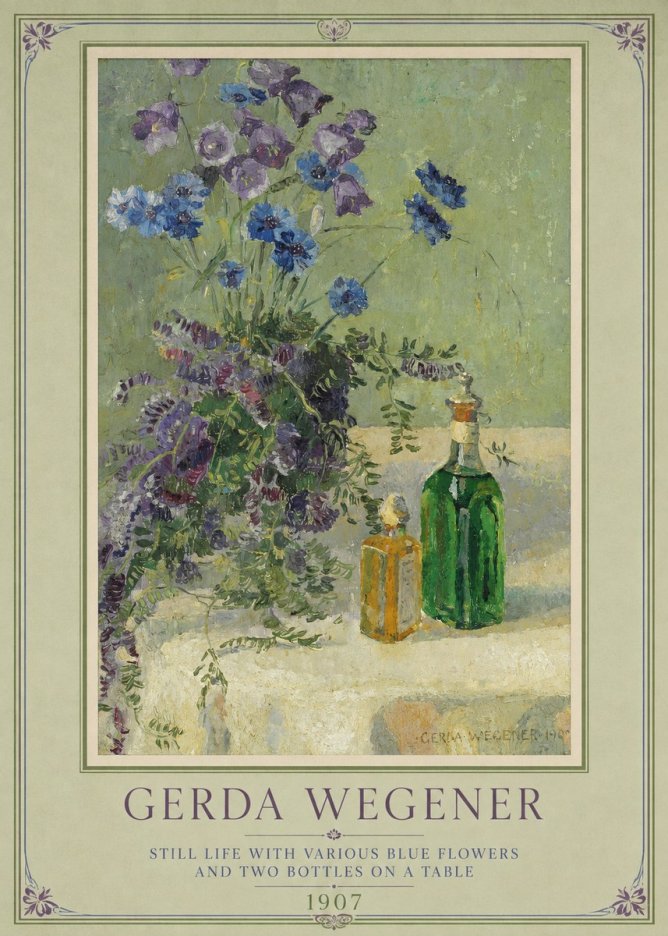 Gerda Wegener Still Life with Various Blue Flowers and Two Bottles on a Table No1 - Plakát