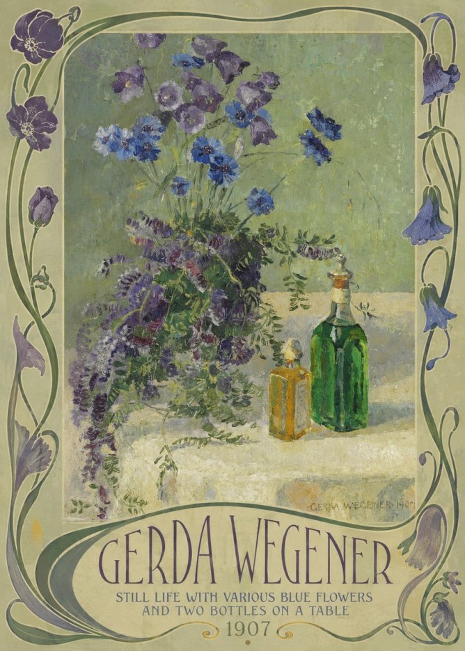 Gerda Wegener Still Life with Various Blue Flowers and Two Bottles on a Table No2 - Plakát