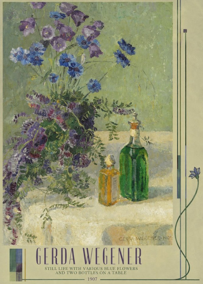 Gerda Wegener Still Life with Various Blue Flowers and Two Bottles on a Table No3 - Plakát