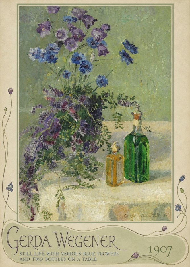 Gerda Wegener Still Life with Various Blue Flowers and Two Bottles on a Table No5 - Plakát