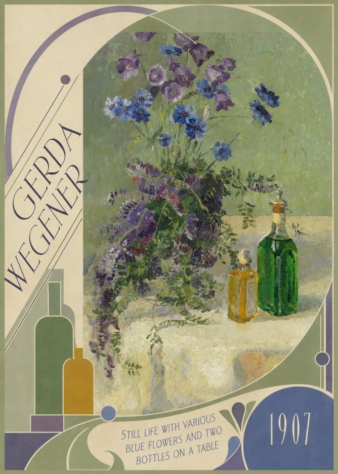 Gerda Wegener Still Life with Various Blue Flowers and Two Bottles on a Table No6 - Plakát