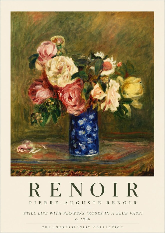 Renoir Still Life with Flowers (Roses in a Blue Vase) No5 - Plakát