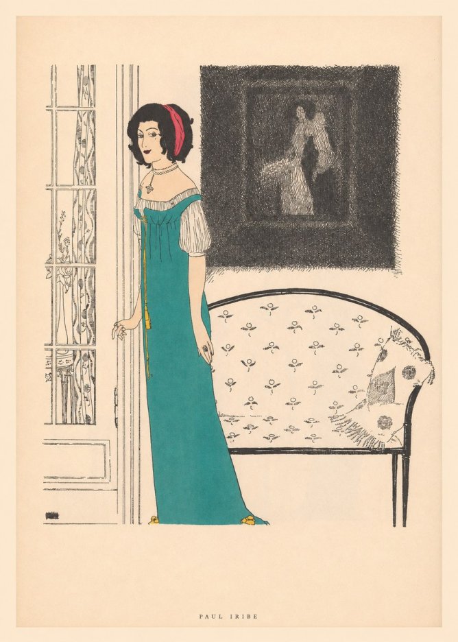 Paul Iribe Woman in Teal Gown No5 - Plakát