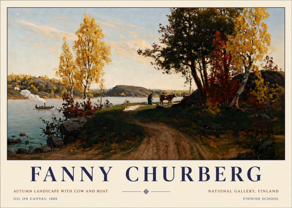 Fanny Churberg Autumn Landscape with Cow and Boat No5 - Plakát