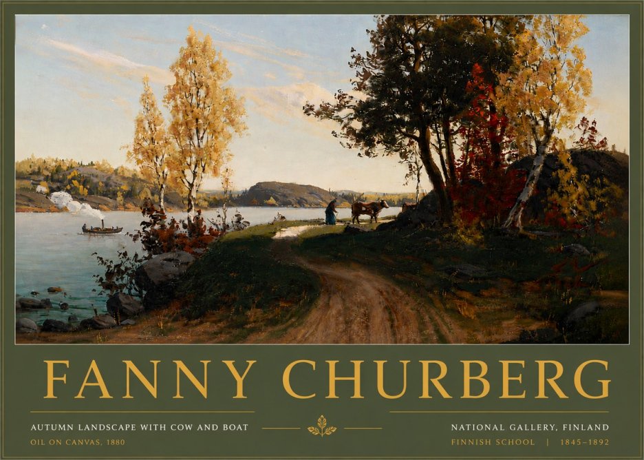 Fanny Churberg Autumn Landscape with Cow and Boat No6 - Plakát