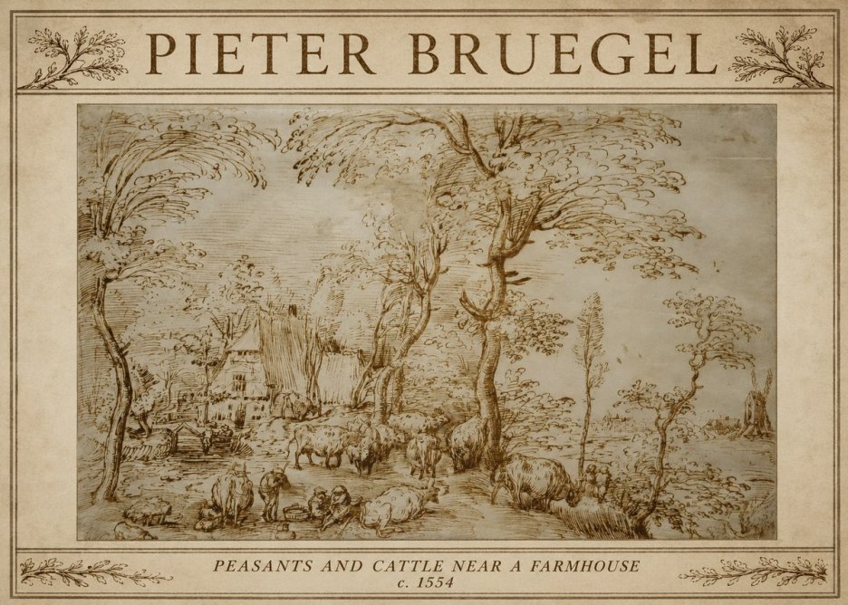 Pieter Bruegel Peasants and Cattle Near a Farmhouse No3 - Plakát