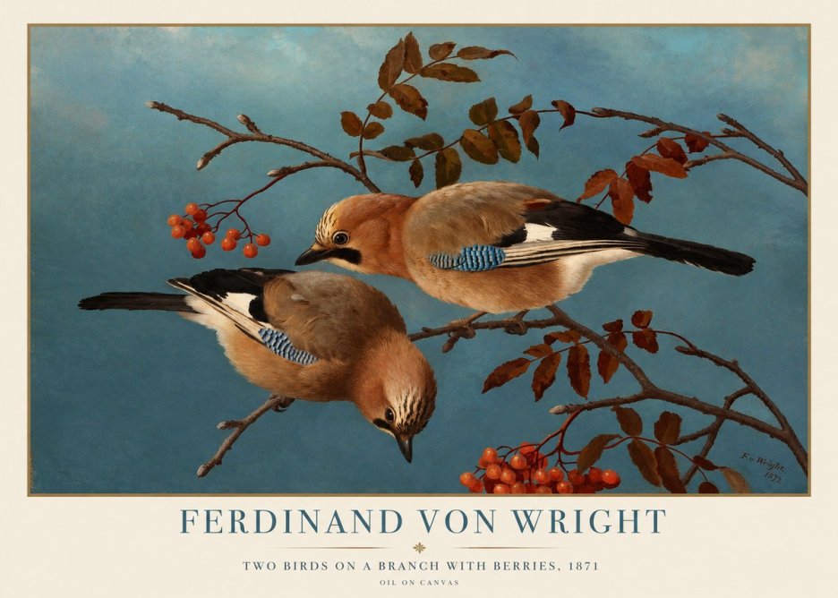 Ferdinand von Wright Two Birds on a Branch with Berries, 1871 No1 - Plakát