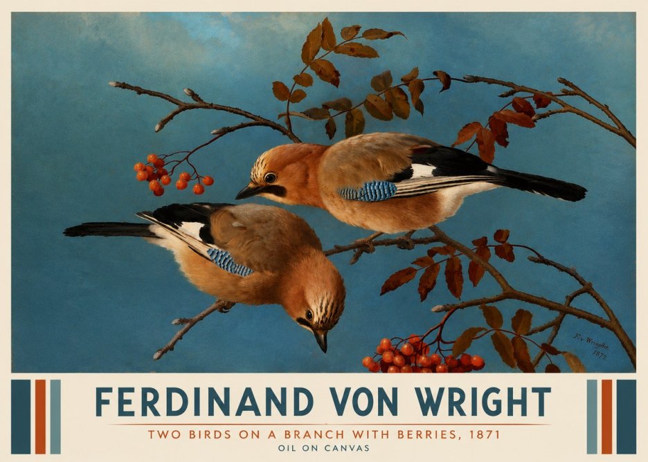 Ferdinand von Wright Two Birds on a Branch with Berries, 1871 No3 - Plakát