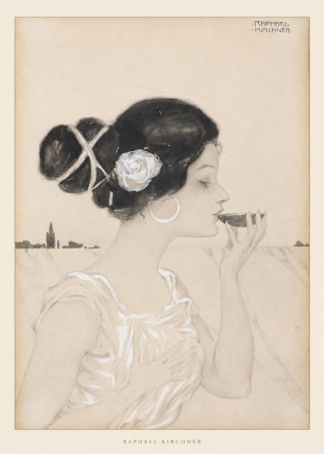 Raphael Kirchner Elegant Lady with Rose and Cup No6 - Plakát