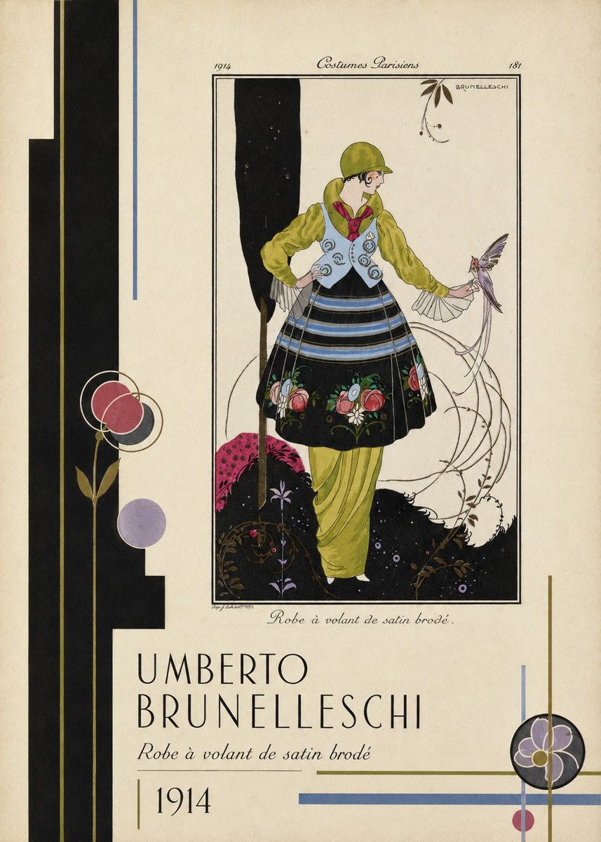 Umberto Brunelleschi Robe À Volant De Satin Brodé No2 - Plakát