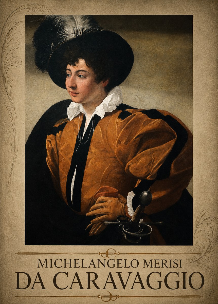 Michelangelo Merisi da Caravaggio Young Man with a Plumed Hat No3 - Plakát