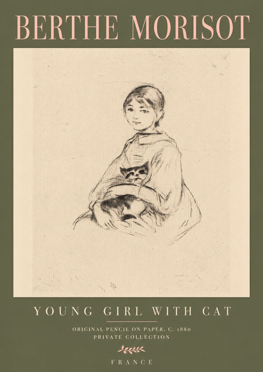 Berthe Morisot Young Girl with Cat No4 - Plakát