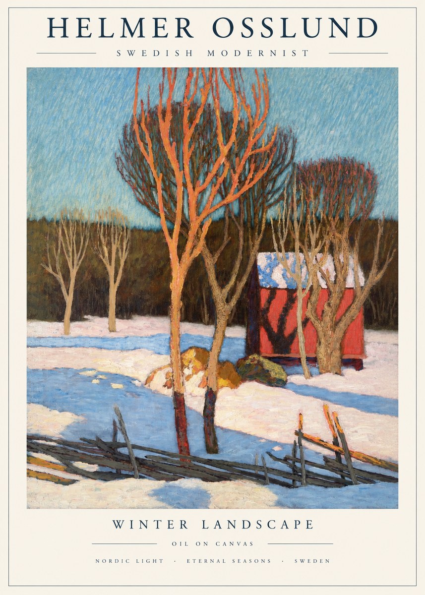 Helmer Osslund Winter Landscape with Red Barn No2 - Plakát